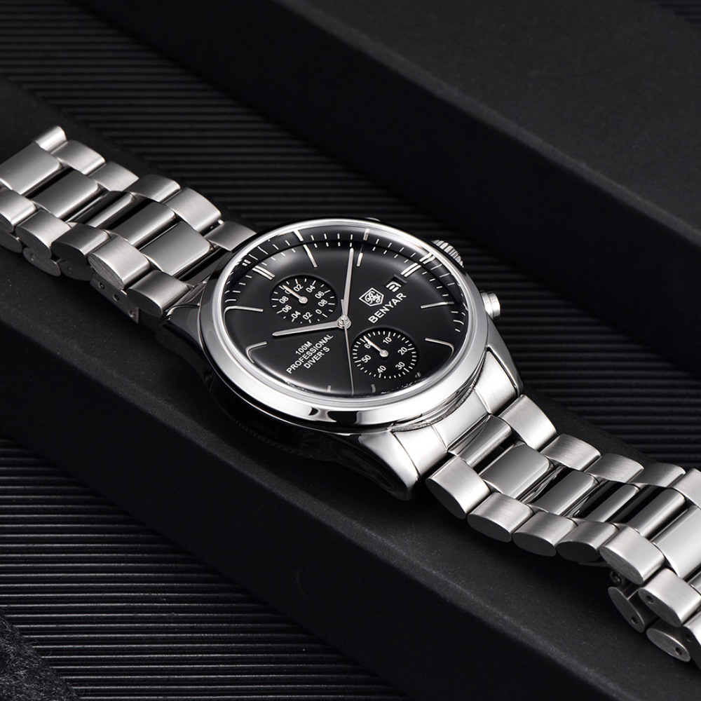 BENYAR Men's Quartz Watches BY5187M Sports Chronograph Steel Wrist Watch for Men Leather Wristwatch Stop Watch