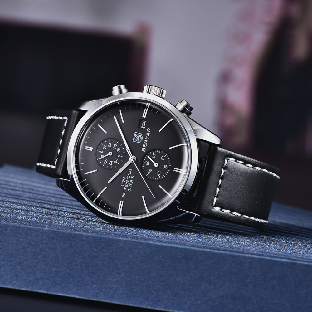 BENYAR Men's Quartz Watches BY5187M Sports Chronograph Steel Wrist Watch for Men Leather Wristwatch Stop Watch