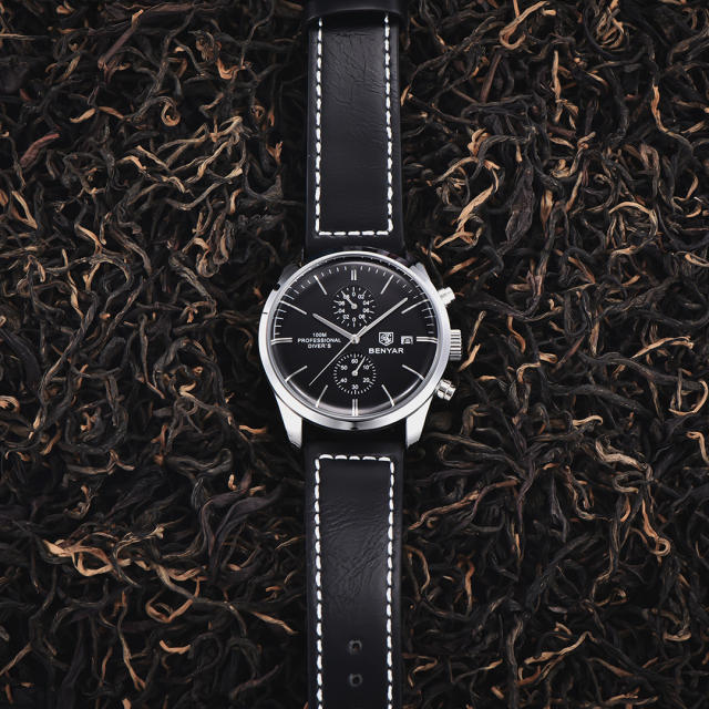 BENYAR Men's Quartz Watches BY5187M Sports Chronograph Steel Wrist Watch for Men Leather Wristwatch Stop Watch