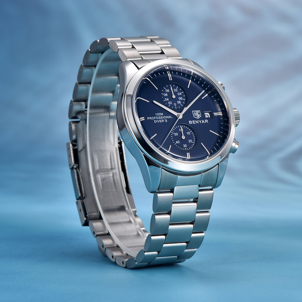 BENYAR Men's Quartz Watches BY5187M Sports Chronograph Steel Wrist Watch for Men Leather Wristwatch Stop Watch