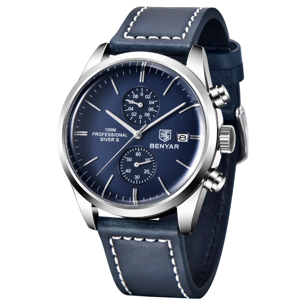 BENYAR Men's Quartz Watches BY5187M Sports Chronograph Steel Wrist Watch for Men Leather Wristwatch Stop Watch