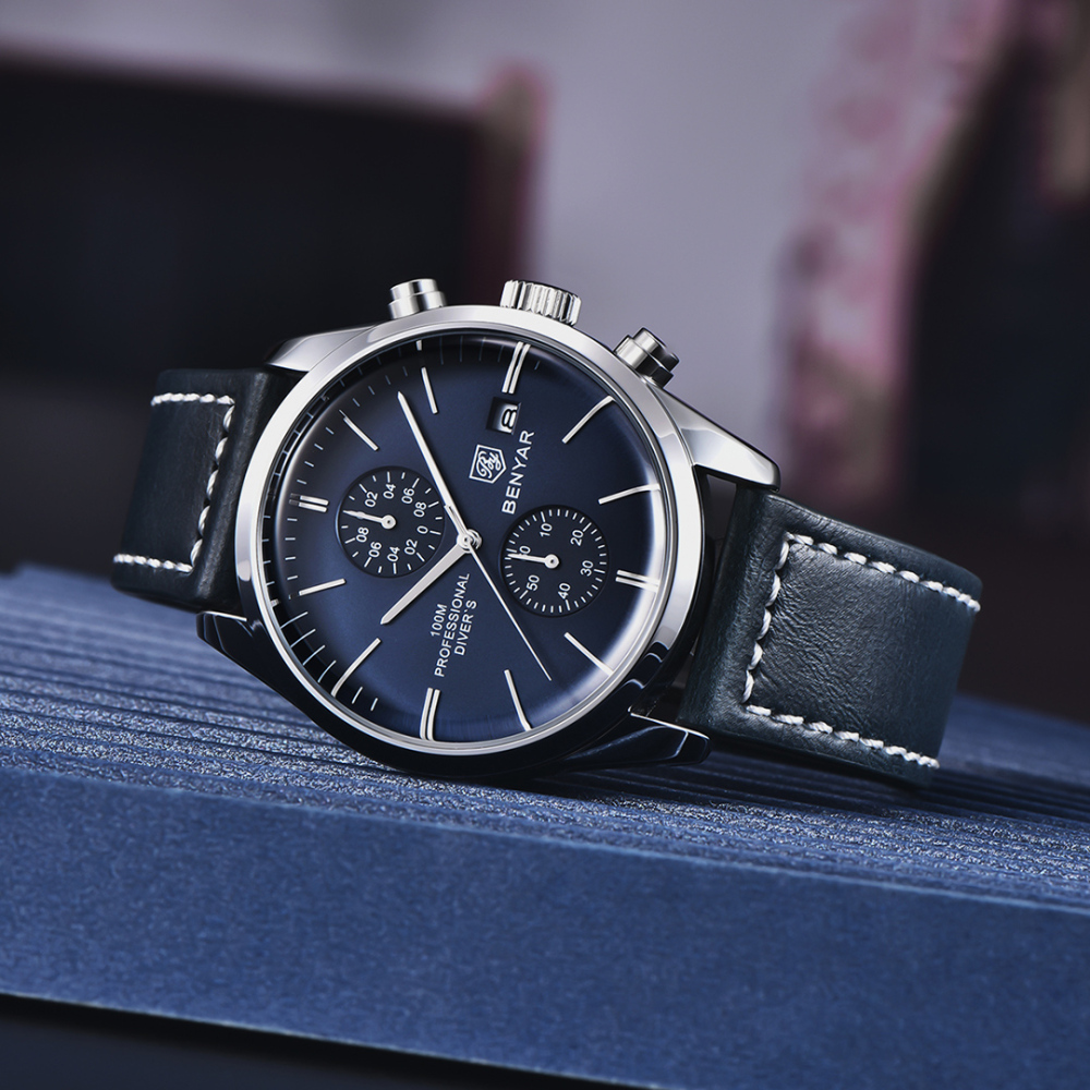 BENYAR Men's Quartz Watches BY5187M Sports Chronograph Steel Wrist Watch for Men Leather Wristwatch Stop Watch