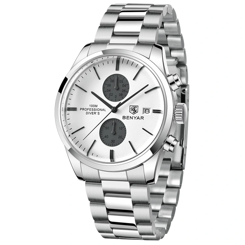 BENYAR Men's Quartz Watches BY5187M Sports Chronograph Steel Wrist Watch for Men Leather Wristwatch Stop Watch