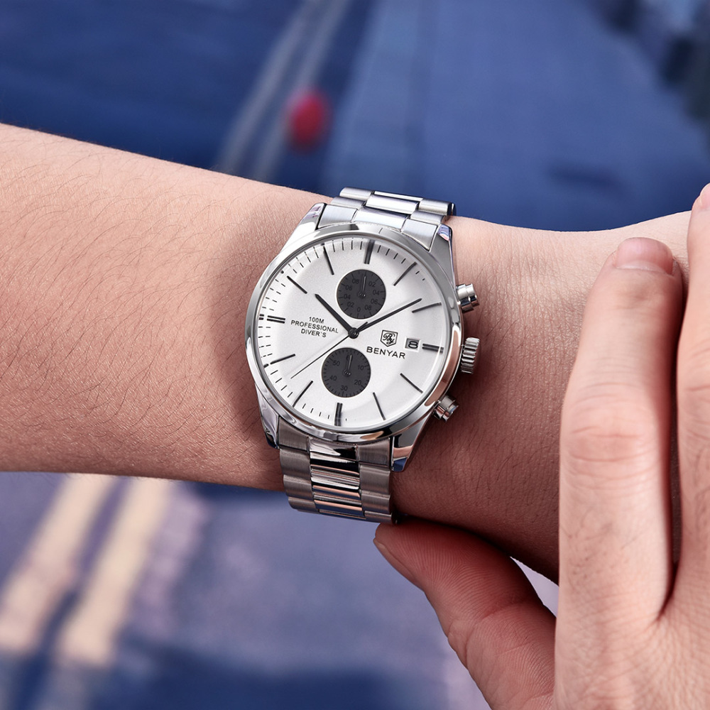 BENYAR Men's Quartz Watches BY5187M Sports Chronograph Steel Wrist Watch for Men Leather Wristwatch Stop Watch