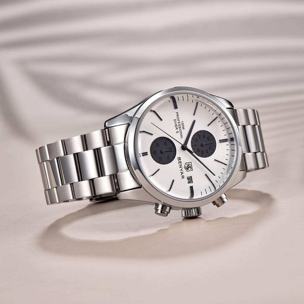 BENYAR Men's Quartz Watches BY5187M Sports Chronograph Steel Wrist Watch for Men Leather Wristwatch Stop Watch