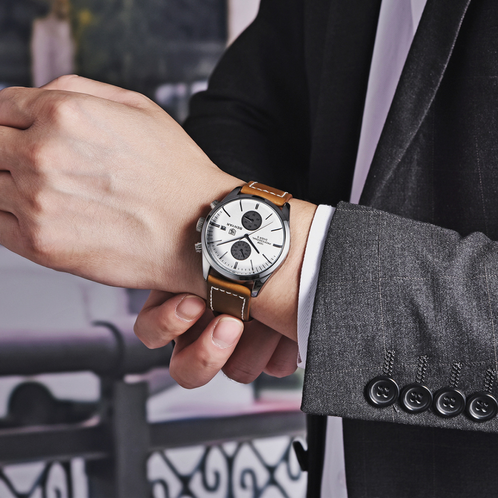 BENYAR Men's Quartz Watches BY5187M Sports Chronograph Steel Wrist Watch for Men Leather Wristwatch Stop Watch