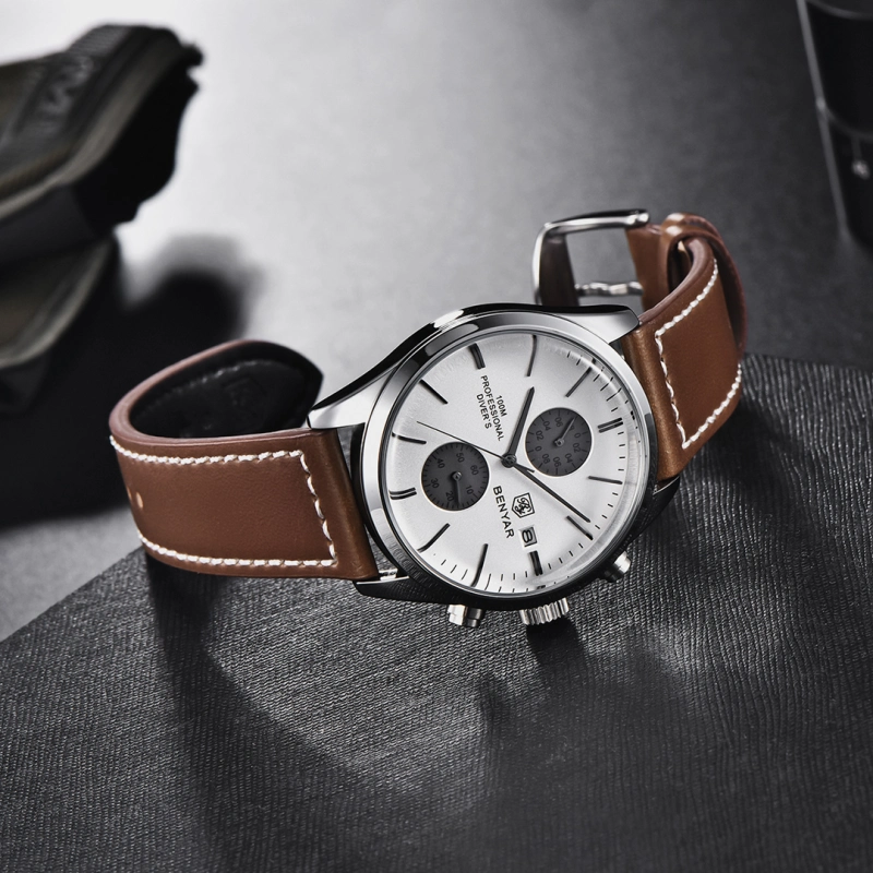 BENYAR Men's Quartz Watches BY5187M Sports Chronograph Steel Wrist Watch for Men Leather Wristwatch Stop Watch