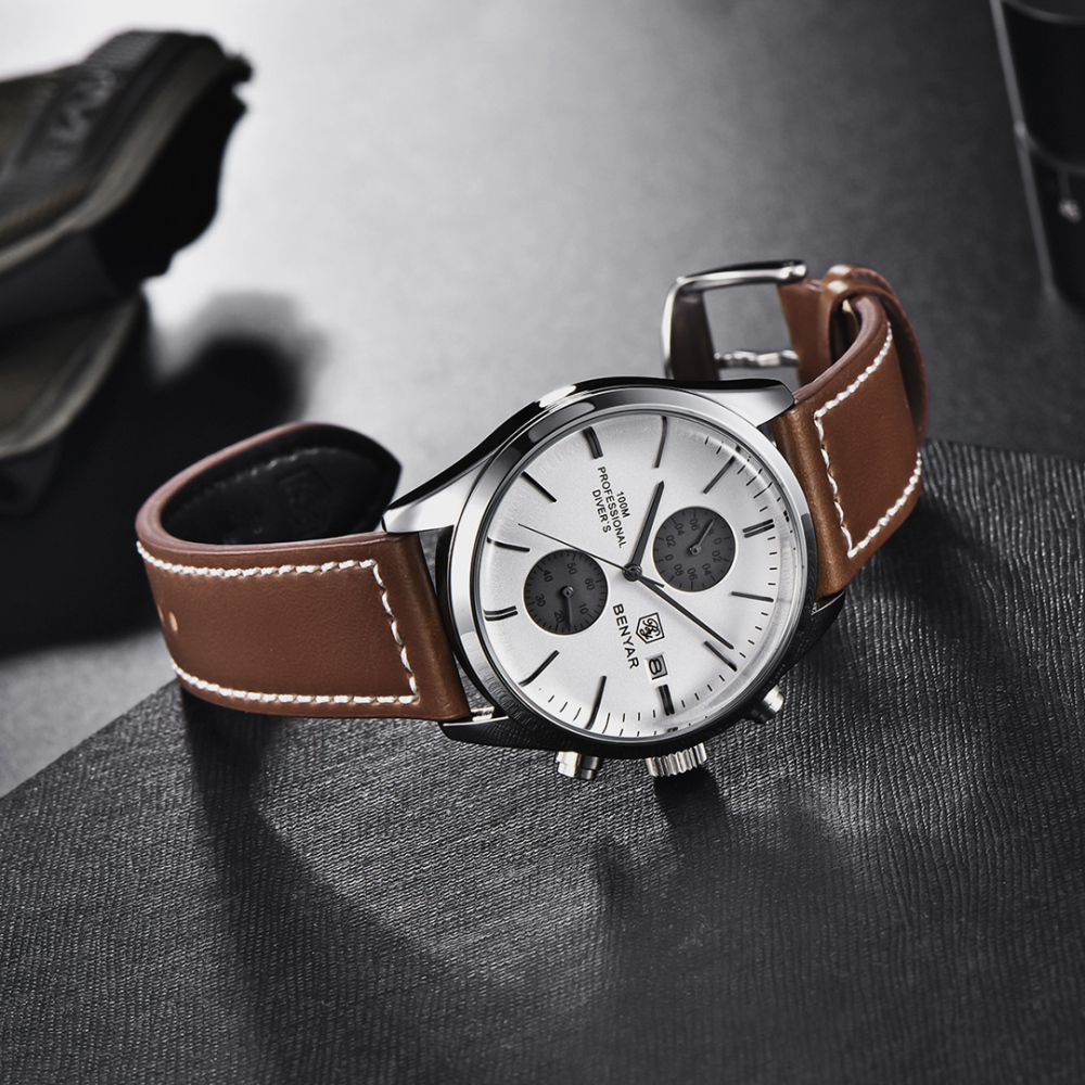 BENYAR Men's Quartz Watches BY5187M Sports Chronograph Steel Wrist Watch for Men Leather Wristwatch Stop Watch