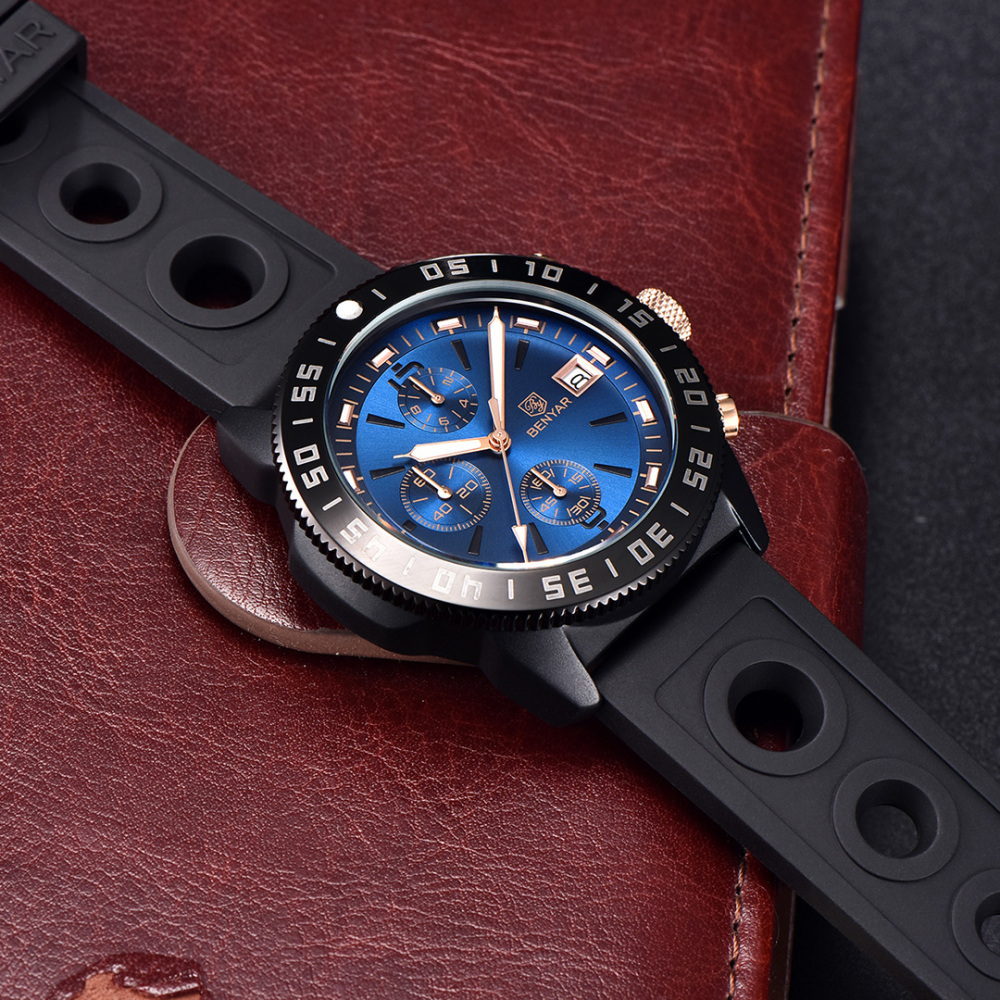 BENYAR Men's Quartz Watches BY5198 Sports Steel Luxury Chronograph Wrist Watch for Men Silicone Watchband