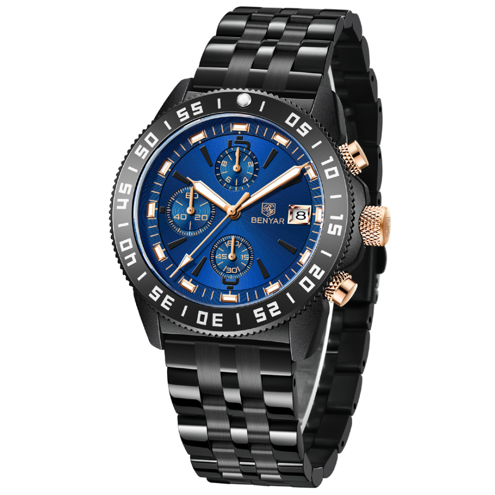 BENYAR Men's Quartz Watches BY5198 Sports Steel Luxury Chronograph Wrist Watch for Men Silicone Watchband