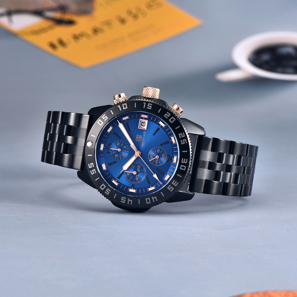 BENYAR Men's Quartz Watches BY5198 Sports Steel Luxury Chronograph Wrist Watch for Men Silicone Watchband