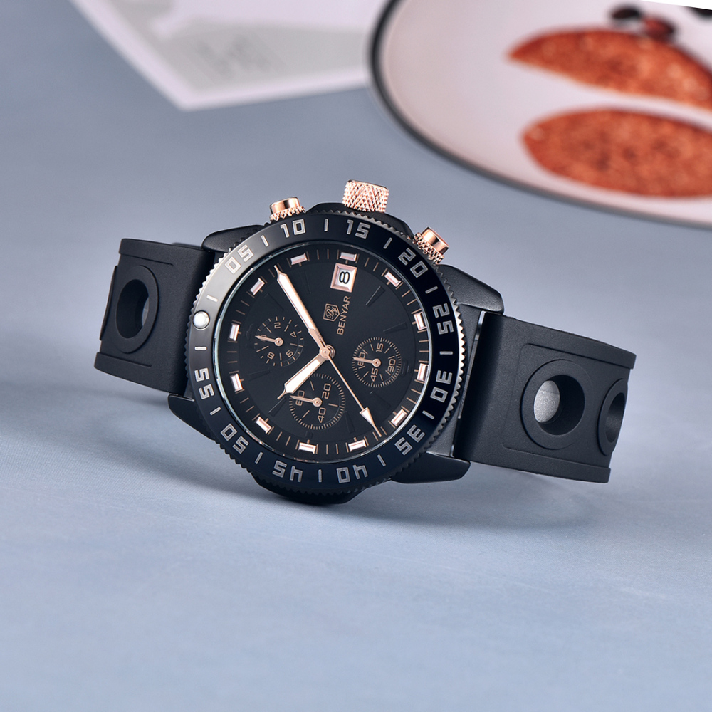 BENYAR Men's Quartz Watches BY5198 Sports Steel Luxury Chronograph Wrist Watch for Men Silicone Watchband