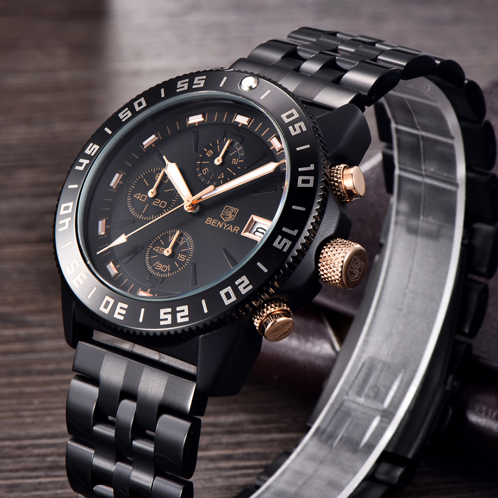 BENYAR Men's Quartz Watches BY5198 Sports Steel Luxury Chronograph Wrist Watch for Men Silicone Watchband