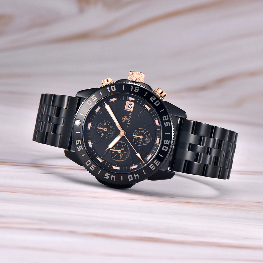 BENYAR Men's Quartz Watches BY5198 Sports Steel Luxury Chronograph Wrist Watch for Men Silicone Watchband