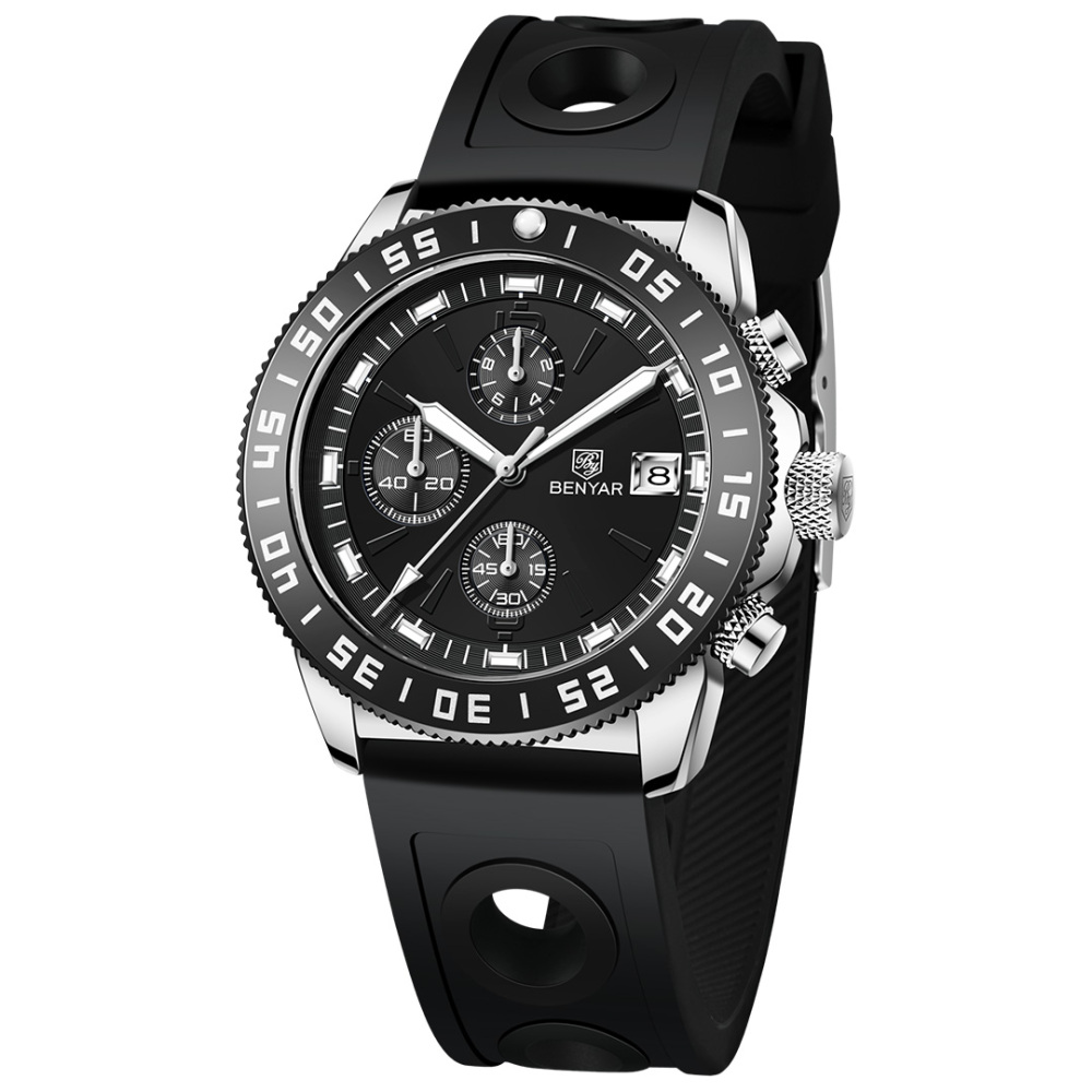 BENYAR Men's Quartz Watches BY5198 Sports Steel Luxury Chronograph Wrist Watch for Men Silicone Watchband