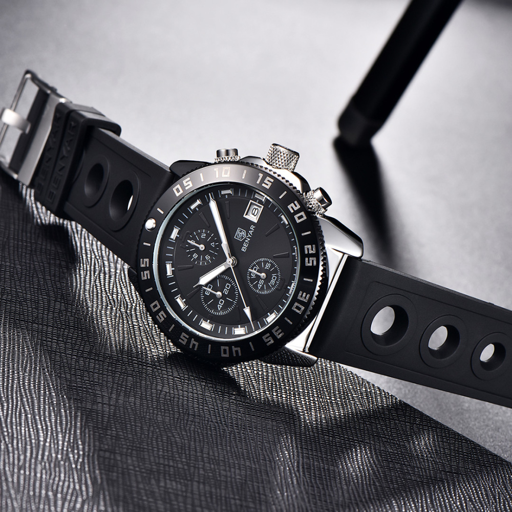 BENYAR Men's Quartz Watches BY5198 Sports Steel Luxury Chronograph Wrist Watch for Men Silicone Watchband