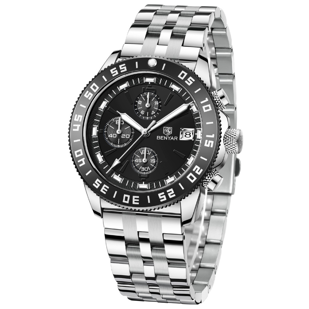 BENYAR Men's Quartz Watches BY5198 Sports Steel Luxury Chronograph Wrist Watch for Men Silicone Watchband