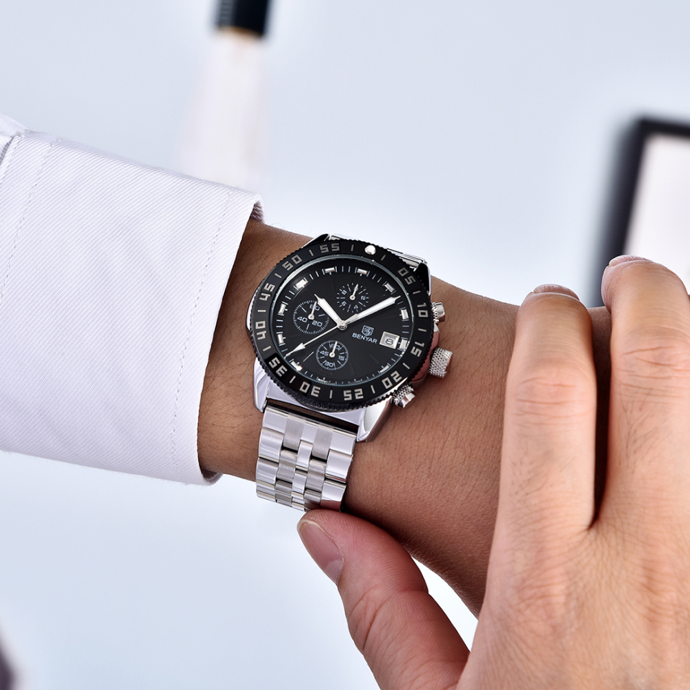 BENYAR Men's Quartz Watches BY5198 Sports Steel Luxury Chronograph Wrist Watch for Men Silicone Watchband