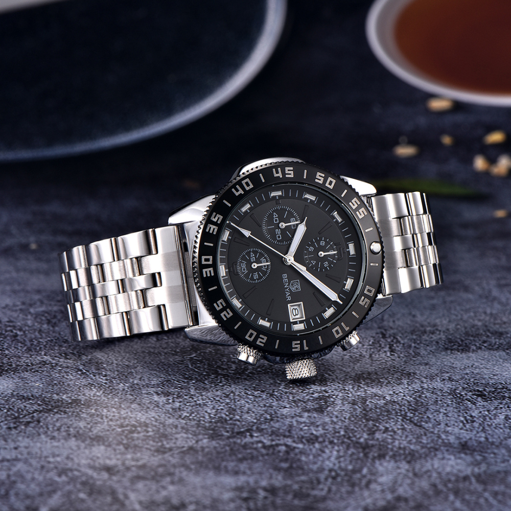 BENYAR Men's Quartz Watches BY5198 Sports Steel Luxury Chronograph Wrist Watch for Men Silicone Watchband