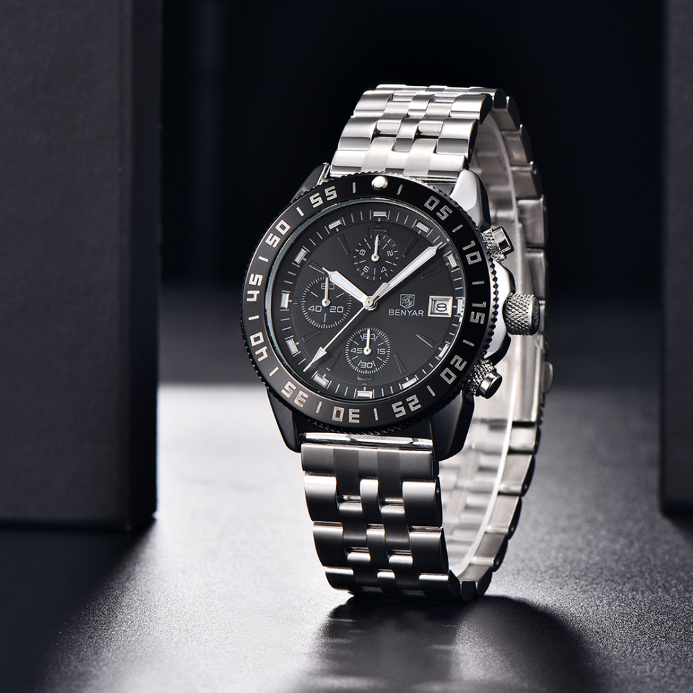 BENYAR Men's Quartz Watches BY5198 Sports Steel Luxury Chronograph Wrist Watch for Men Silicone Watchband