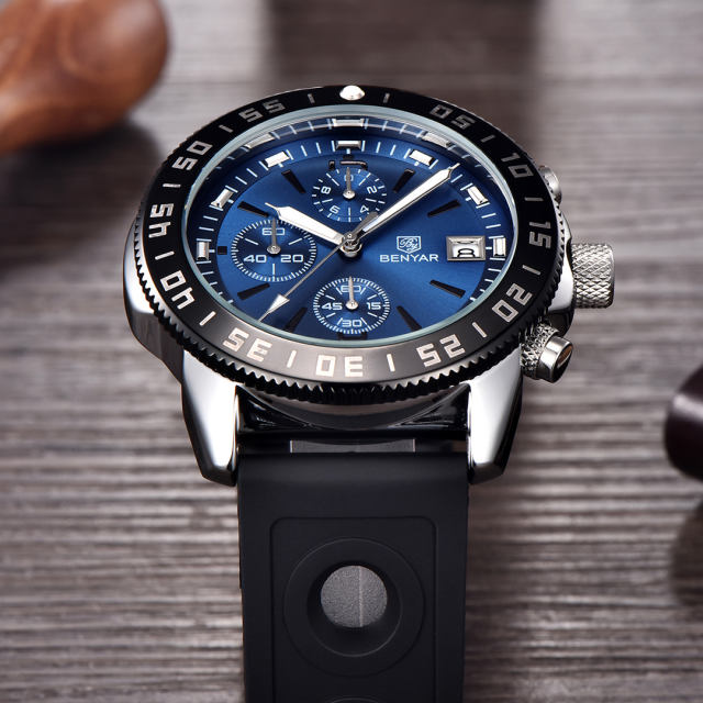 BENYAR Men's Quartz Watches BY5198 Sports Steel Luxury Chronograph Wrist Watch for Men Silicone Watchband