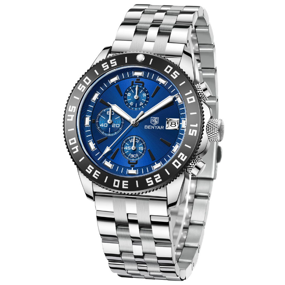 BENYAR Men's Quartz Watches BY5198 Sports Steel Luxury Chronograph Wrist Watch for Men Silicone Watchband