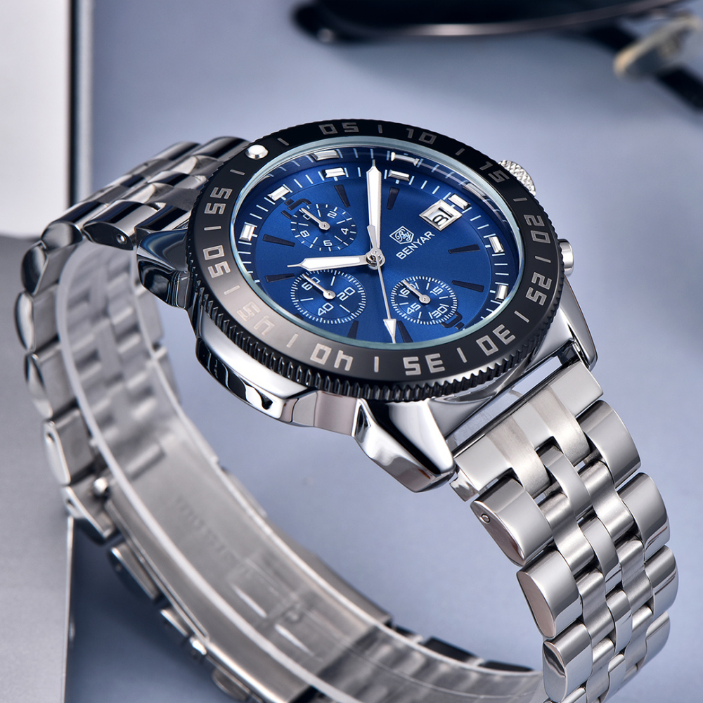 BENYAR Men's Quartz Watches BY5198 Sports Steel Luxury Chronograph Wrist Watch for Men Silicone Watchband