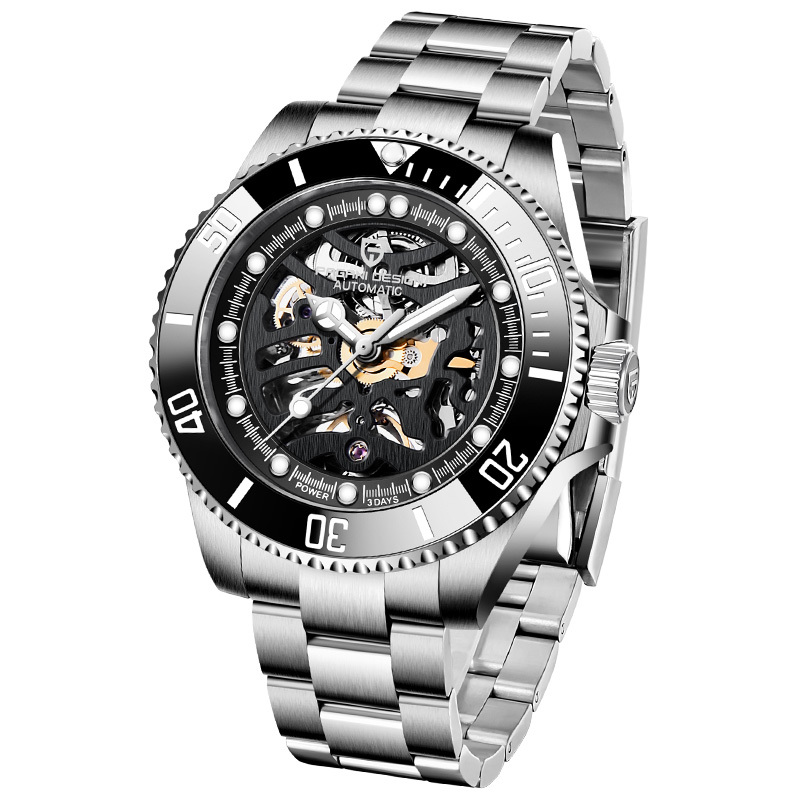 PAGANI DESIGN Men's Watches Luxury Skeleton Automatic Wrist Watch for Men Full Stainless Steel Waterproof Watch with Sapphire Glass Ceramic Bezel