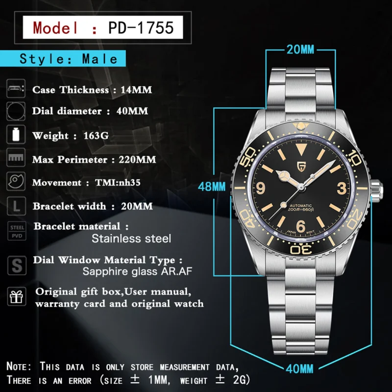 PAGANI DESIGN PD1755 Men's Automatic Watches 40mm Vintage Stainless Steel Waterproof Mechanical Wrist Watches for Men NH35, Sapphire Dial Glass with AR Coating
