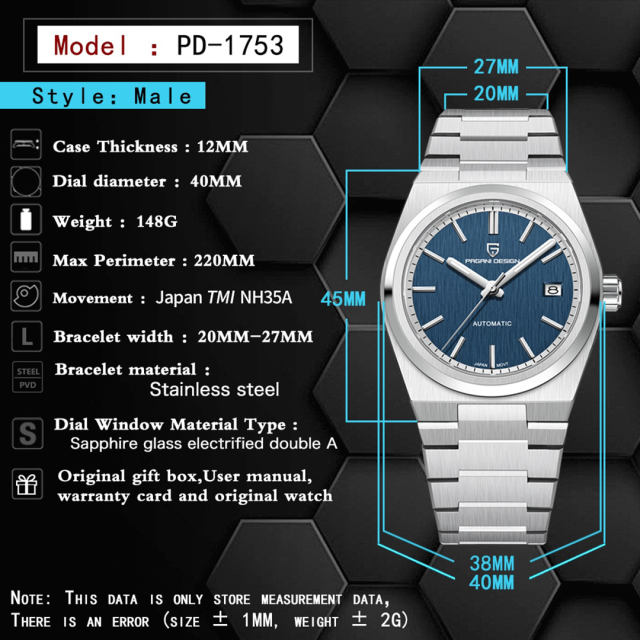 PAGANI DESIGN PD1753, Men's Automatic Watches 38MM Stainless Steel Mechanical Wristwatch NH35 Sports Business Sapphire 100Bar AR Coating