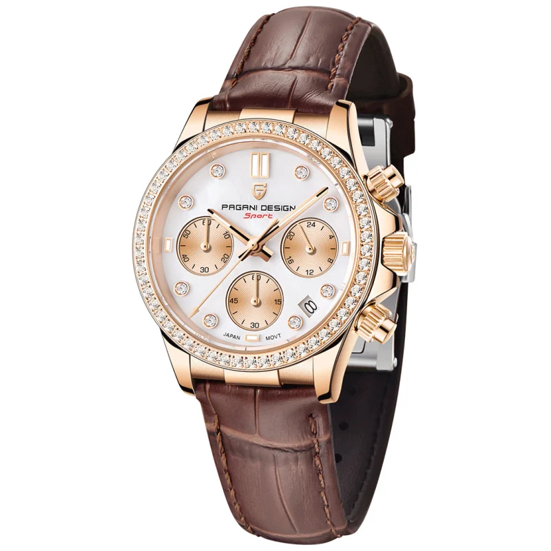 PAGANI DESIGN Women's Watches 36mm Chronograph Quartz Stainless Steel Waterproof Wrist Watch for Men Leather Watchband