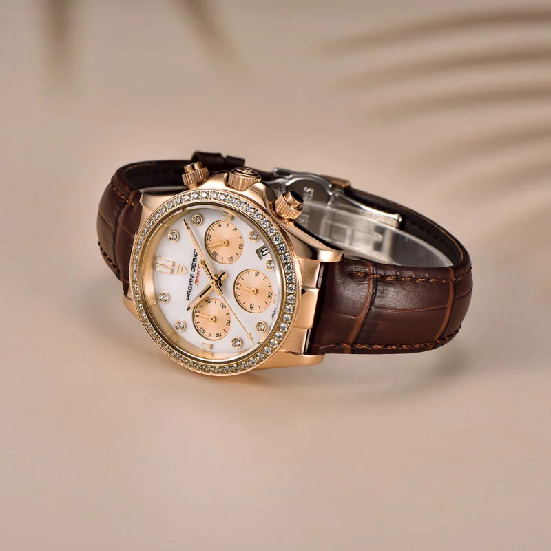 PAGANI DESIGN Women's Watches 36mm Chronograph Quartz Stainless Steel Waterproof Wrist Watch for Men Leather Watchband