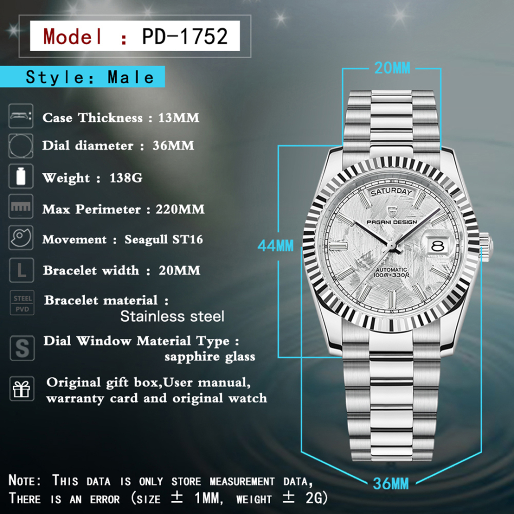 PAGANI DESIGN Men's Automatic Watches, PD1752 Mechanical Stainless Steel Luxury 36mm Wrist Watch for Men 100M Waterproof AR Coating