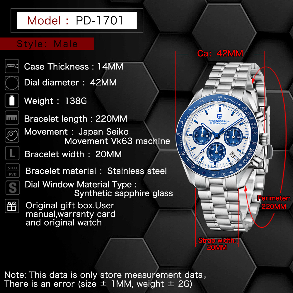 PAGANI DESIGN PD-1701 Men's Quartz Watches 40mm New Release full Stainless Steel Waterproof Sports Chronograph Wrist Watch for Men Sapphire Dial Glass