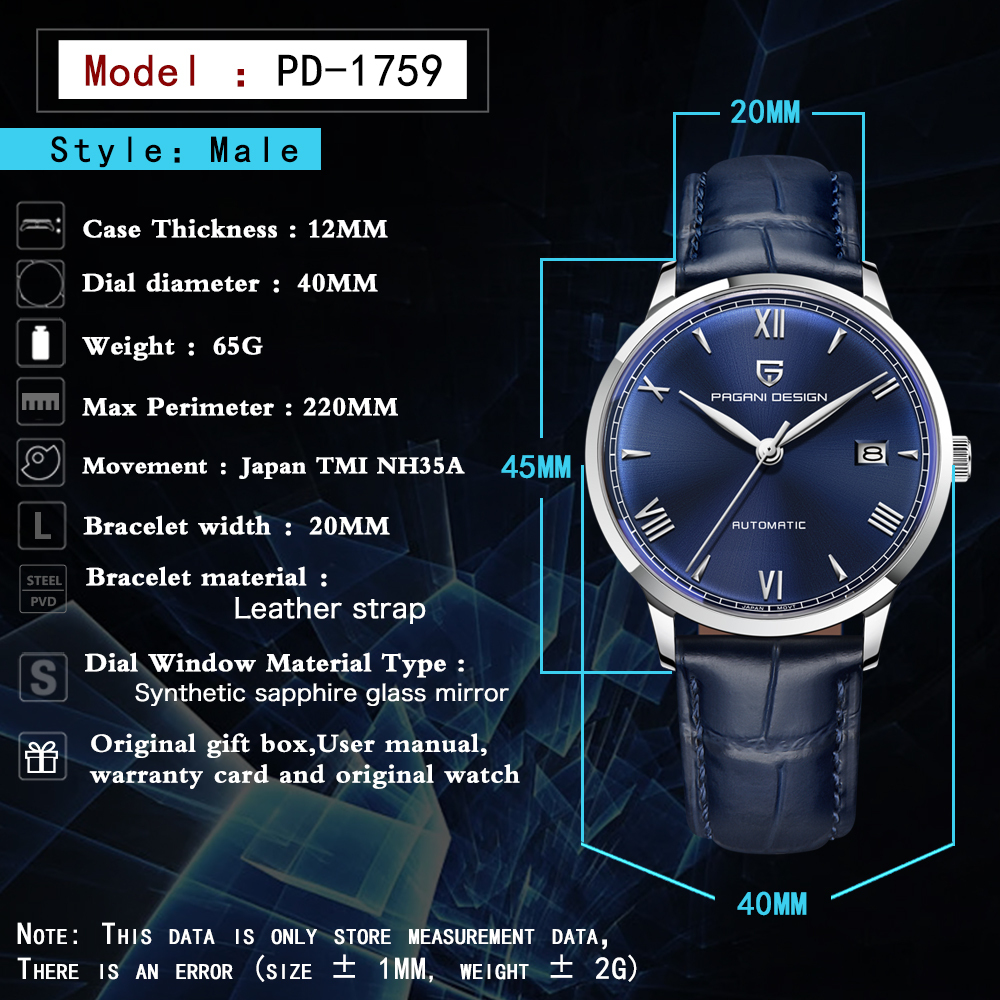 PAGANI DESIGN PD1759 Business Men's Automatic Watches 40mm Leather Watchband Causal Mechanical Wrist Watch for Men Synthetic Sapphire Dial Glass