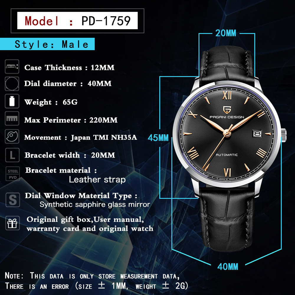 PAGANI DESIGN PD1759 Business Men's Automatic Watches 40mm Leather Watchband Causal Mechanical Wrist Watch for Men Synthetic Sapphire Dial Glass