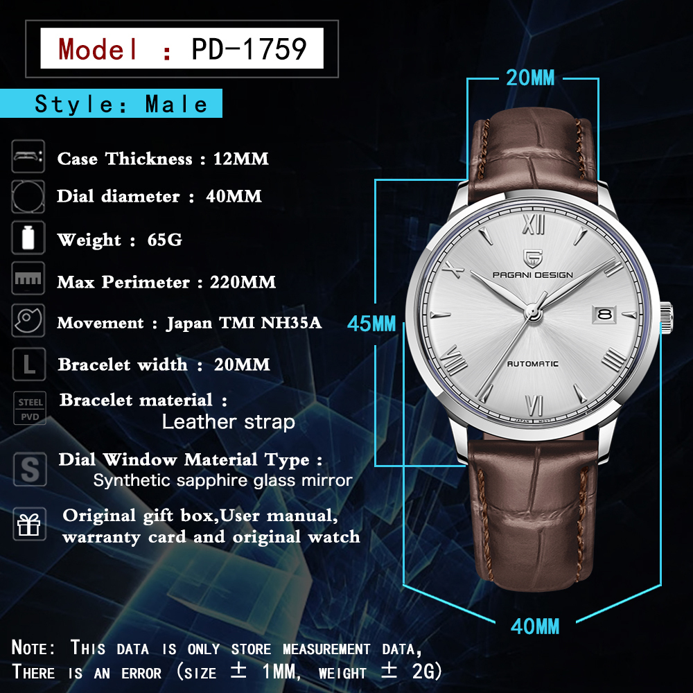 PAGANI DESIGN PD-1759 Business Men's Automatic Watches 40mm Leather Watchband Causal Mechanical Wrist Watch for Men Synthetic Sapphire Dial Glass