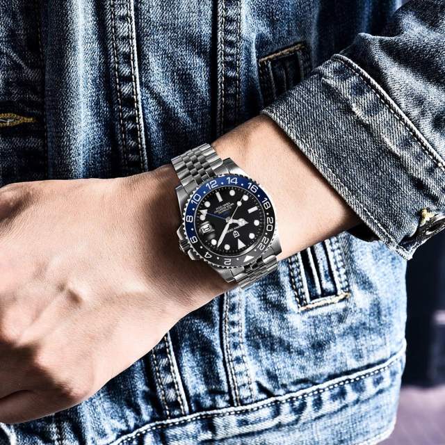PAGANI DESIGN Men's Watches Automatic GMT Mechanical Stainless Steel Waterproof Wrist Watch for Men Jubilee Bracelet Sapphire Glass