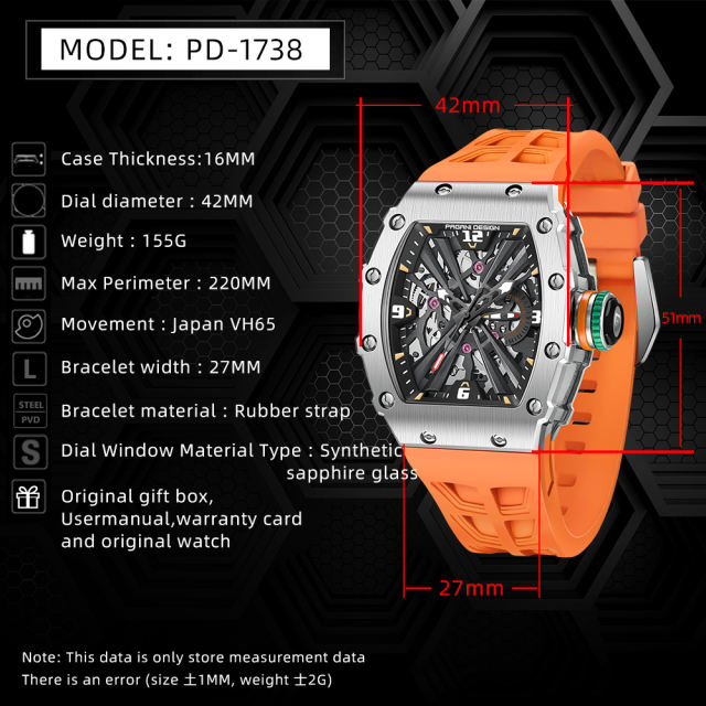 PAGANI DESIGN PD1738 New Men's Quartz Watches Stainless Steel Waterproof Tonneau Wrist Watch for Men with Japan VH65 Movement, Silicone Watchband