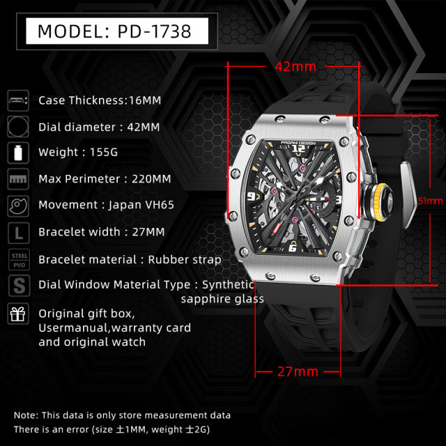 PAGANI DESIGN PD1738 New Men's Quartz Watches Stainless Steel Waterproof Tonneau Wrist Watch for Men with Japan VH65 Movement, Silicone Watchband