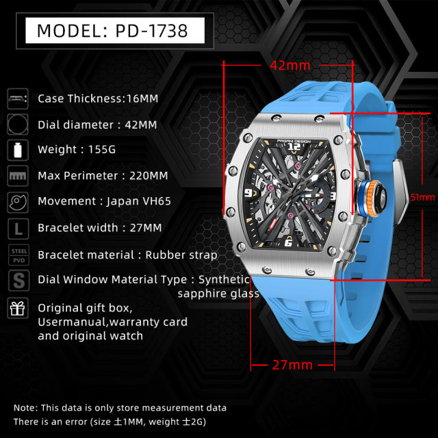 PAGANI DESIGN PD1738 New Men's Quartz Watches Stainless Steel Waterproof Tonneau Wrist Watch for Men with Japan VH65 Movement, Silicone Watchband