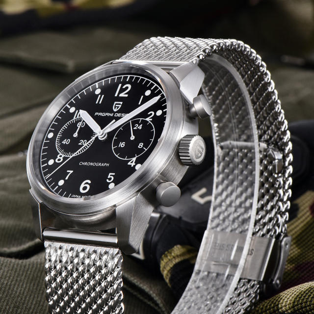 PAGANI DESIGN PD1708 Men's Quartz Watches 38mm Stainless Steel Chronograph Waterproof Wrist Watch for Men Japan Movement, Mesh Watchband