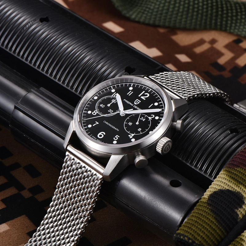 PAGANI DESIGN PD1708 Men's Quartz Watches 38mm Stainless Steel Chronograph Waterproof Wrist Watch for Men Japan Movement, Mesh Watchband