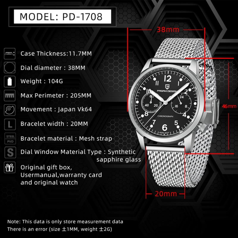 PAGANI DESIGN PD1708 Men's Quartz Watches 38mm Stainless Steel Chronograph Waterproof Wrist Watch for Men Japan Movement, Mesh Watchband
