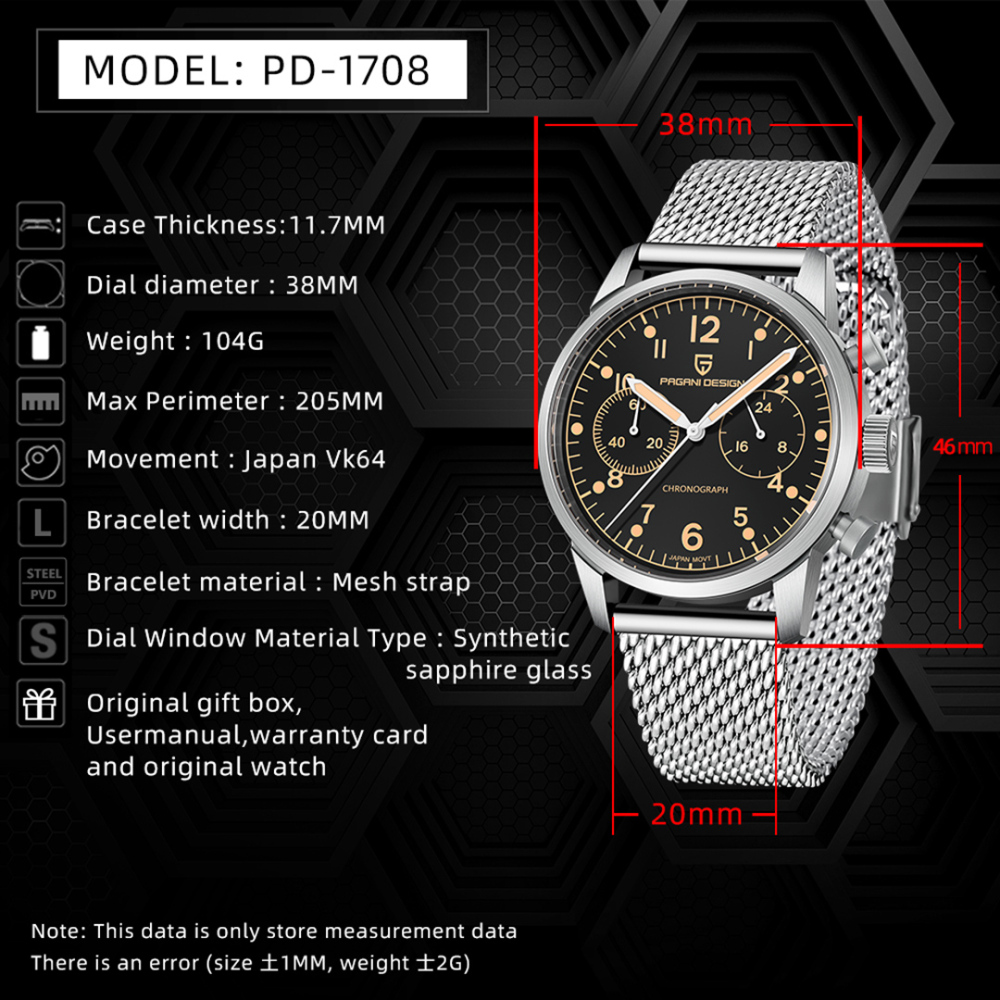 PAGANI DESIGN PD1708 Men's Quartz Watches 38mm Stainless Steel Chronograph Waterproof Wrist Watch for Men Japan Movement, Mesh Watchband