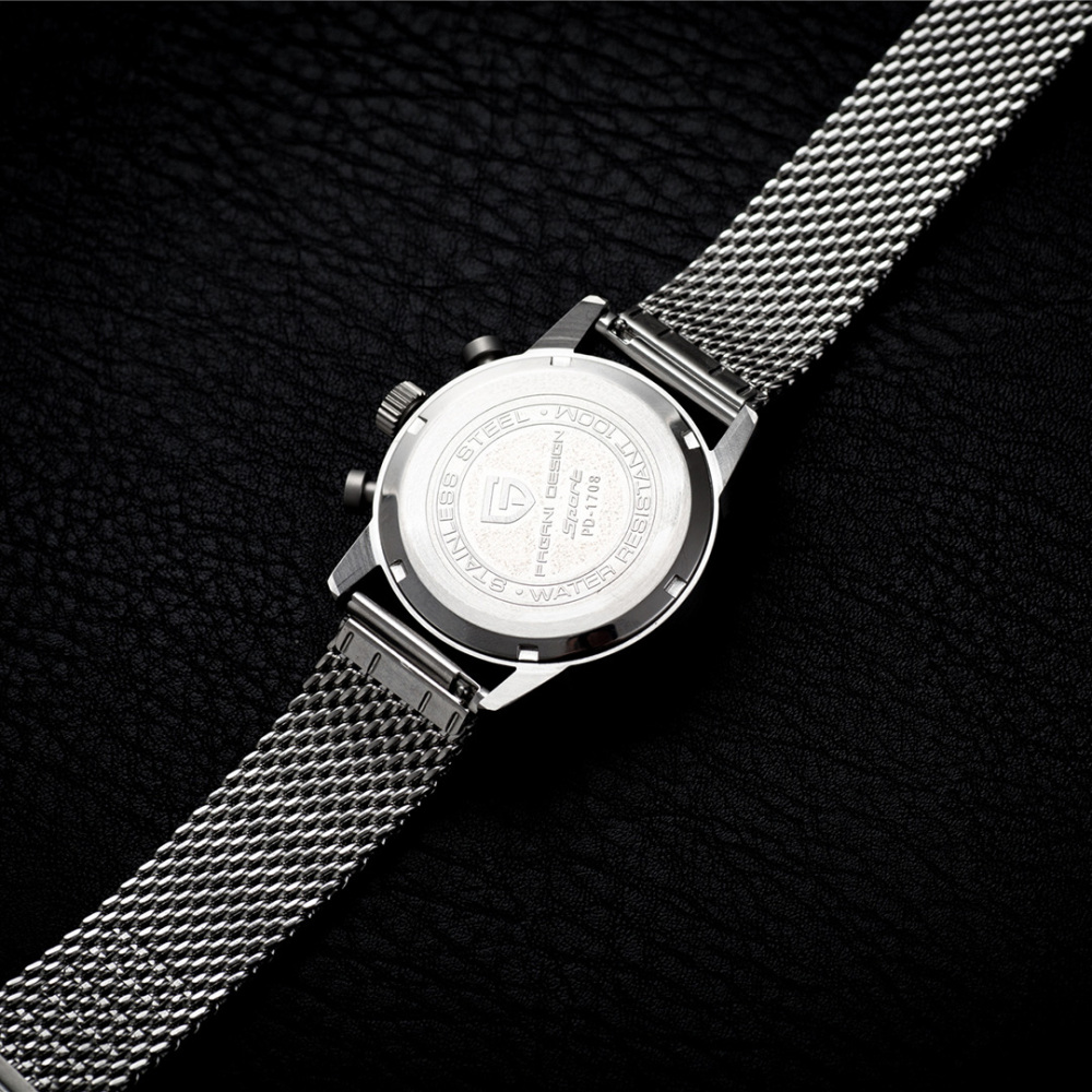 PAGANI DESIGN PD1708 Men's Quartz Watches 38mm Stainless Steel Chronograph Waterproof Wrist Watch for Men Japan Movement, Mesh Watchband