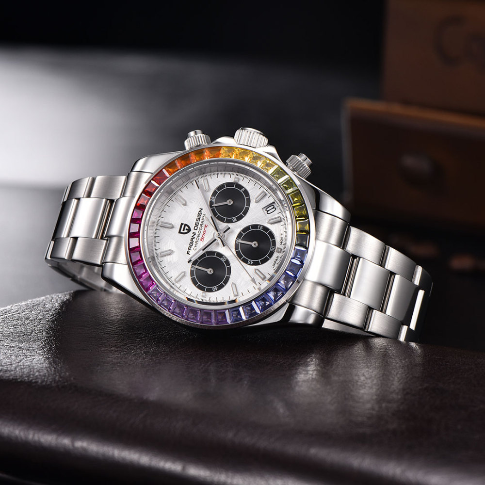 PAGANI DESIGN PD1644 Men's Quartz Watches Seiko VK65 Movement Chronograph Wrist Watch with Rainbow Bezel 100M Water Resistant Auto Date