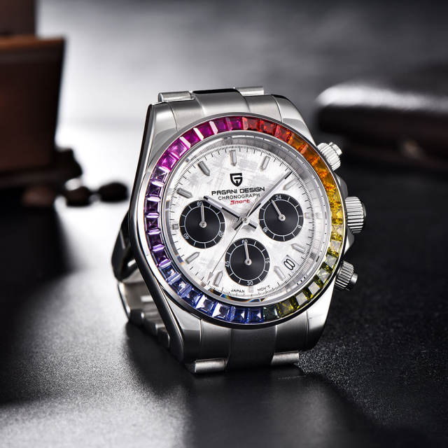 PAGANI DESIGN PD1644 Men's Quartz Watches Seiko VK65 Movement Chronograph Wrist Watch with Rainbow Bezel 100M Water Resistant Auto Date