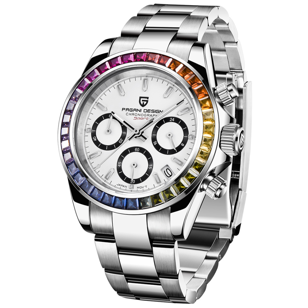 PAGANI DESIGN PD1644 Men's Quartz Watches Seiko VK65 Movement Chronograph Wrist Watch with Rainbow Bezel 100M Water Resistant Auto Date