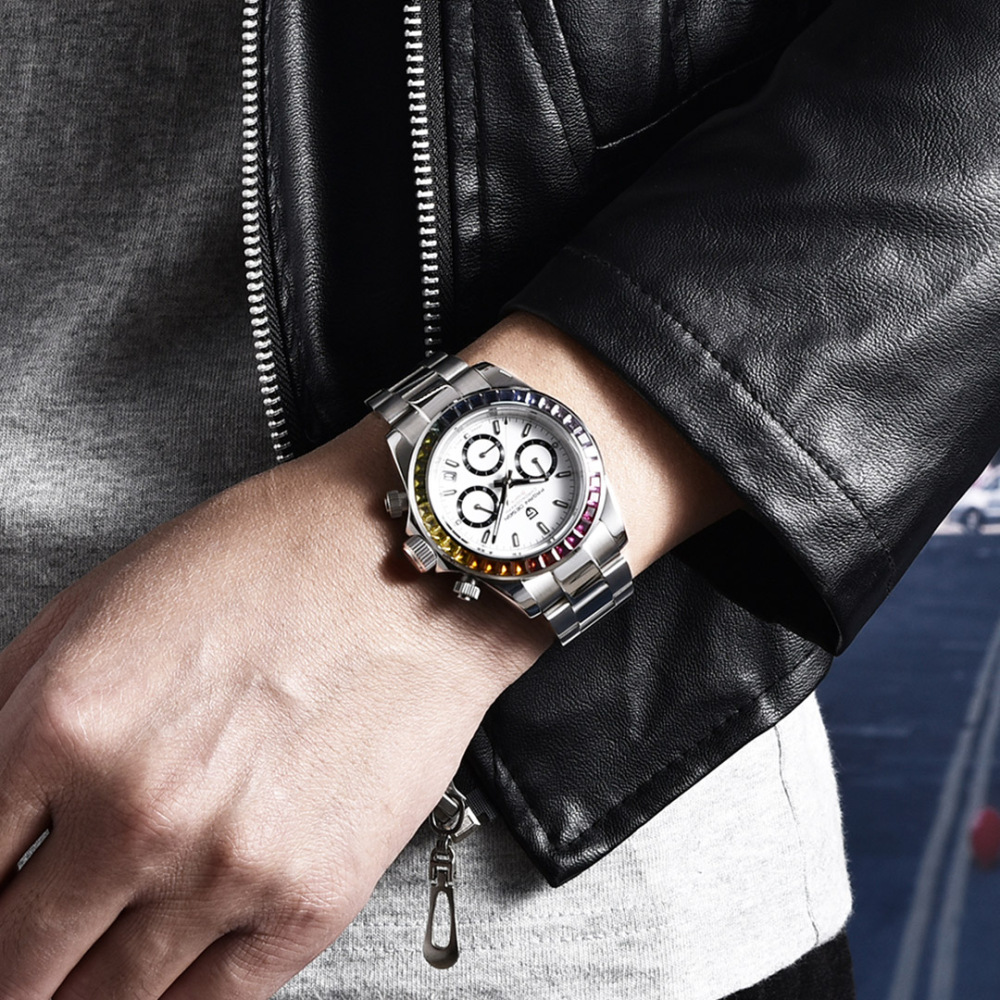 PAGANI DESIGN PD1644 Men's Quartz Watches Seiko VK65 Movement Chronograph Wrist Watch with Rainbow Bezel 100M Water Resistant Auto Date